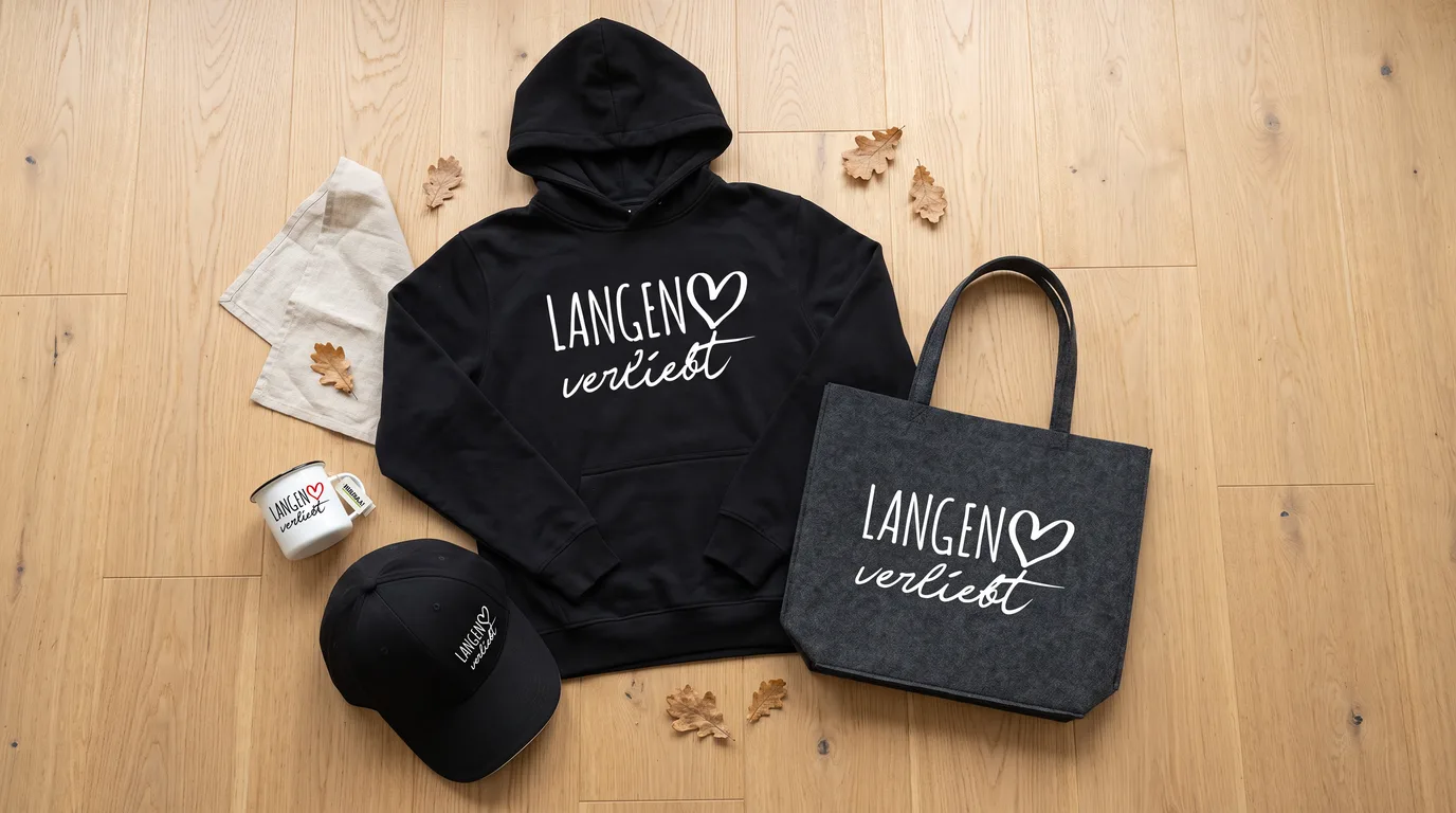Flatlay mit schwarzem Hoodie Langen verliebt, Cappy, Emaille-Tasse und grauem Filzshopper auf hellem Holzboden