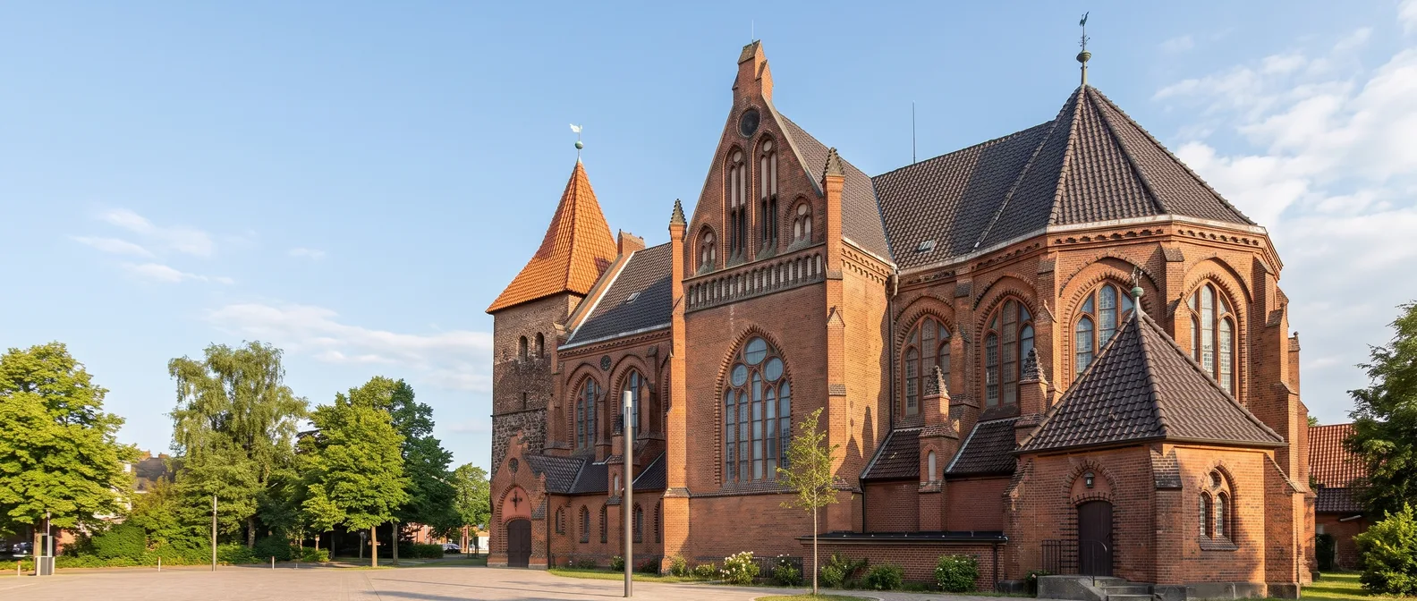Die Elisabethkirche in Langenhagen mit ihrem alten Turm am Kirchplatz im Abendlicht