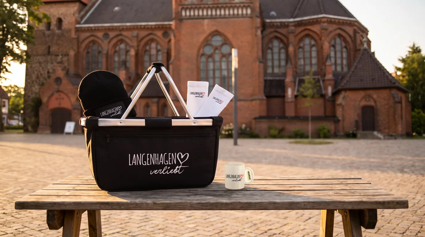 Schwarzer Einkaufskorb Langenhagen verliebt mit Beanie und Socken, daneben die Kaffeetasse, vor der Elisabethkirche