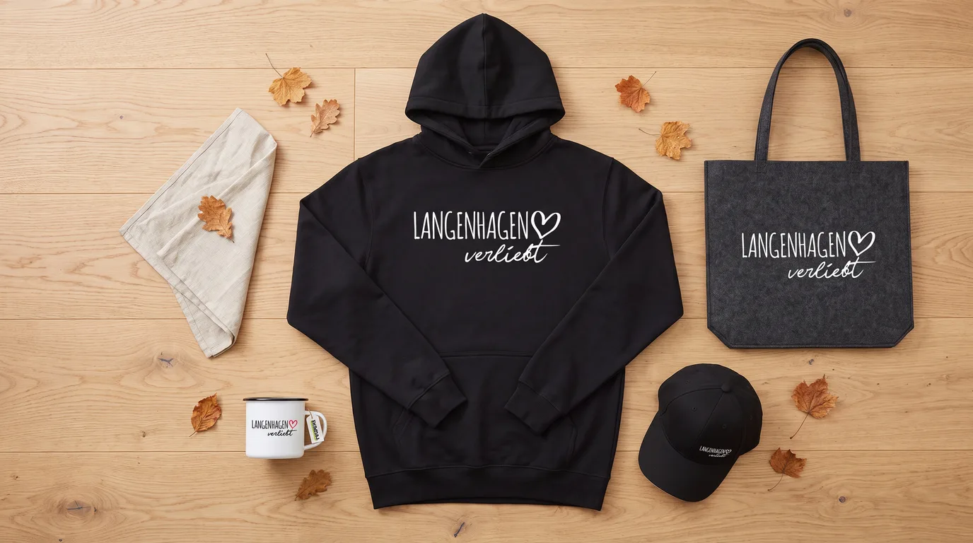 Flatlay mit schwarzem Hoodie Langenhagen verliebt, Cappy, Emaille-Tasse und grauem Filzshopper auf Holzboden