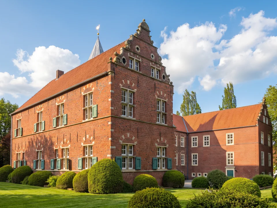 Die Haneburg in Leer, ein Backsteinbau mit verziertem Treppengiebel, grünen Fensterläden und gestutzten Buchskugeln auf dem Rasen