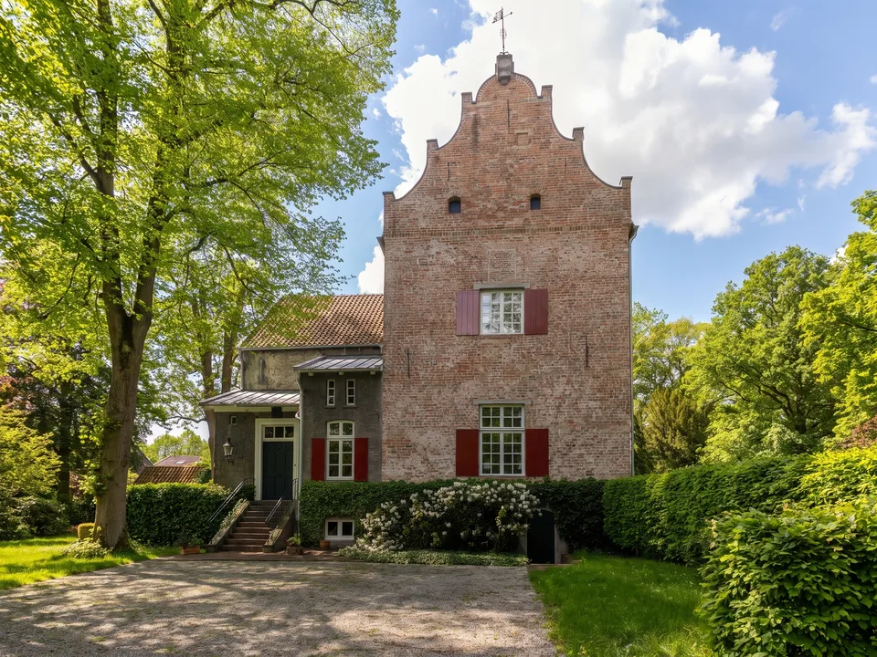 Die Harderwykenburg in Leer, ein hohes Backstein-Steinhaus mit geschweiftem Giebel und roten Fensterläden zwischen alten Bäumen