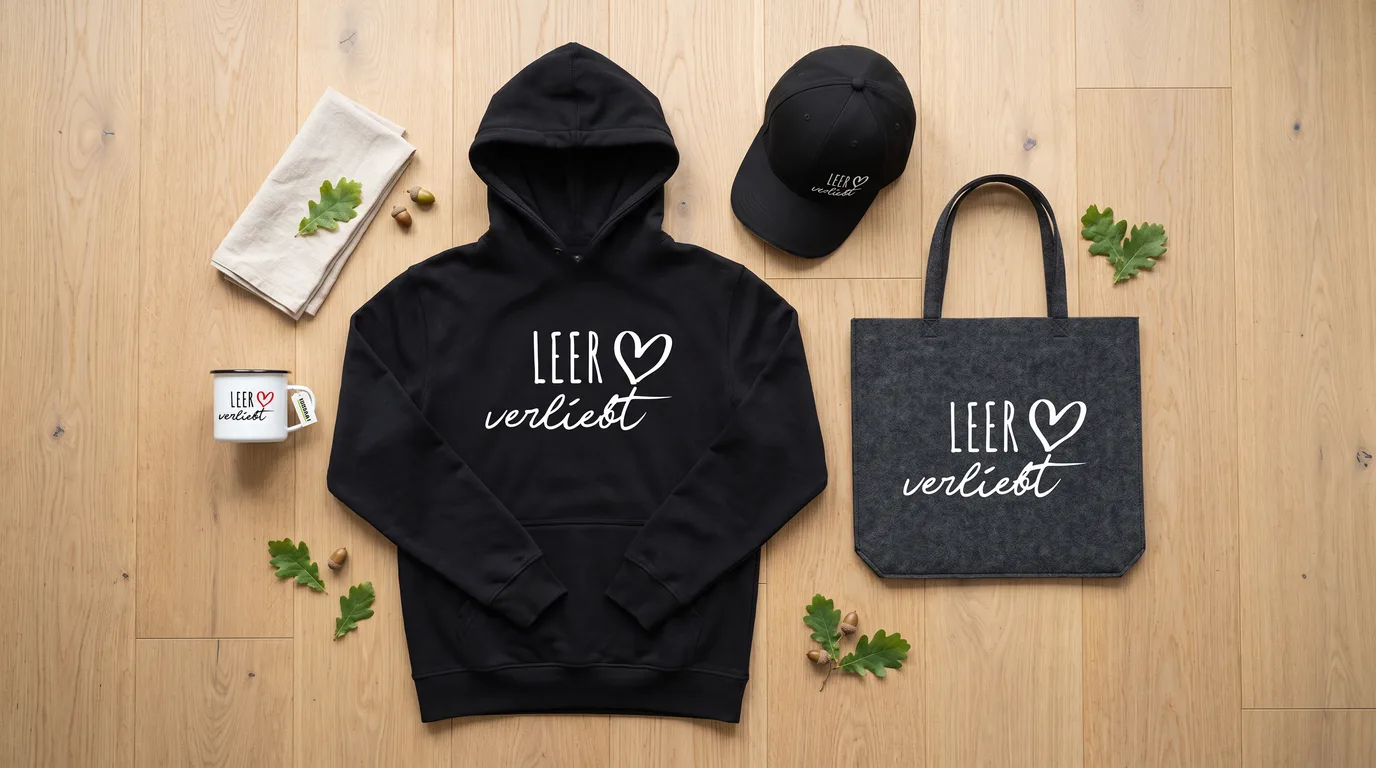 Flatlay mit schwarzem Hoodie Leer verliebt, Cappy, Emaille-Tasse und grauem Filzshopper auf hellem Holzboden