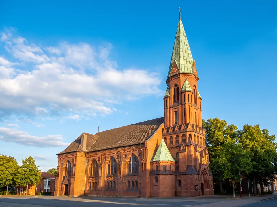 Neugotische Matthäuskirche in Lehrte aus rotem Backstein mit hohem Turm und grüner Kupferspitze, daneben grüne Bäume unter blauem Himmel