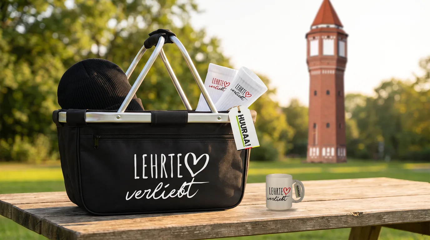 Schwarzer faltbarer Einkaufskorb „Lehrte verliebt“ mit Beanie und Socken, daneben die Kaffeetasse, auf einem Holztisch im Park vor dem Lehrter Wasserturm