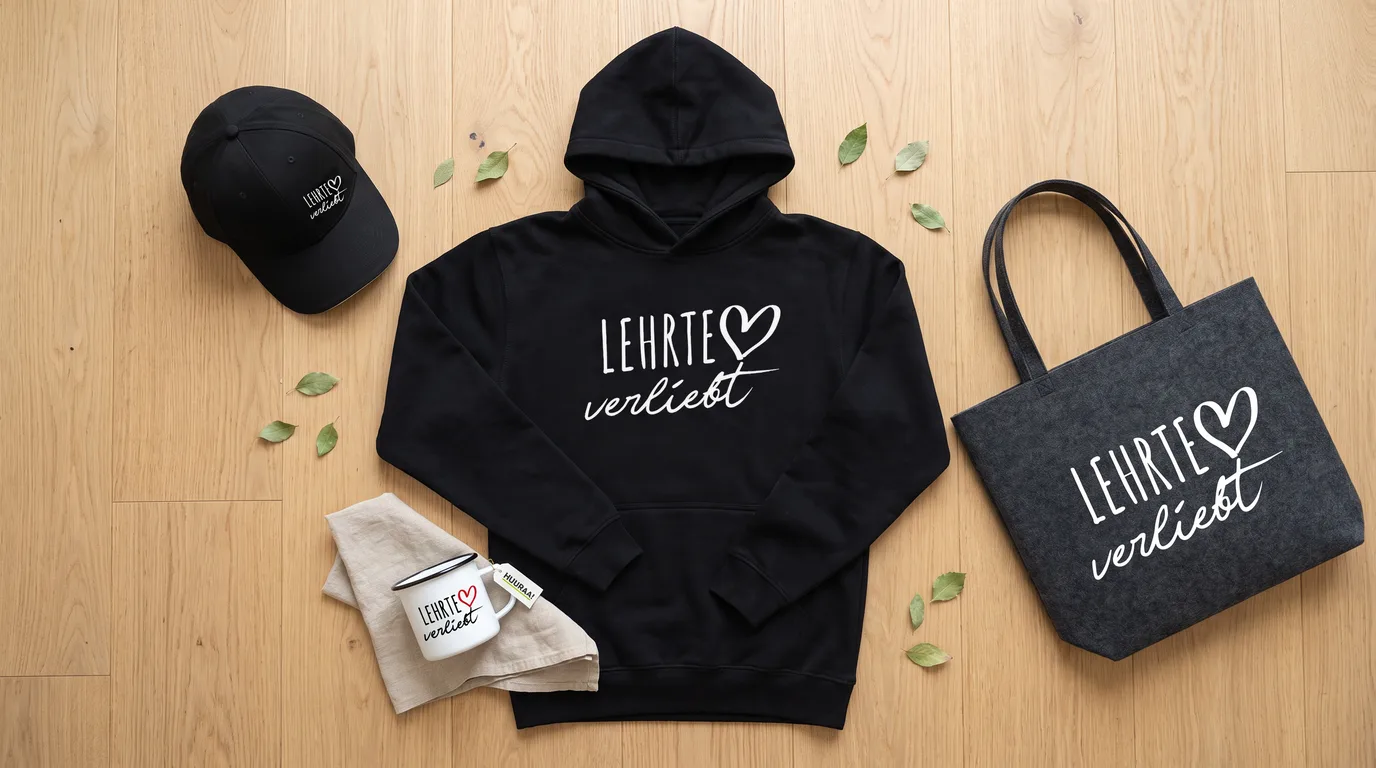 Flatlay mit schwarzem Hoodie, Cappy, Emaille-Tasse und grauem Filzshopper, alle mit „Lehrte verliebt“-Druck, auf hellem Holzboden
