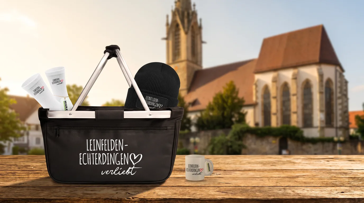 Schwarzer Einkaufskorb Leinfelden-Echterdingen verliebt mit Beanie und Socken, daneben die Kaffeetasse, vor der Stephanuskirche in Echterdingen