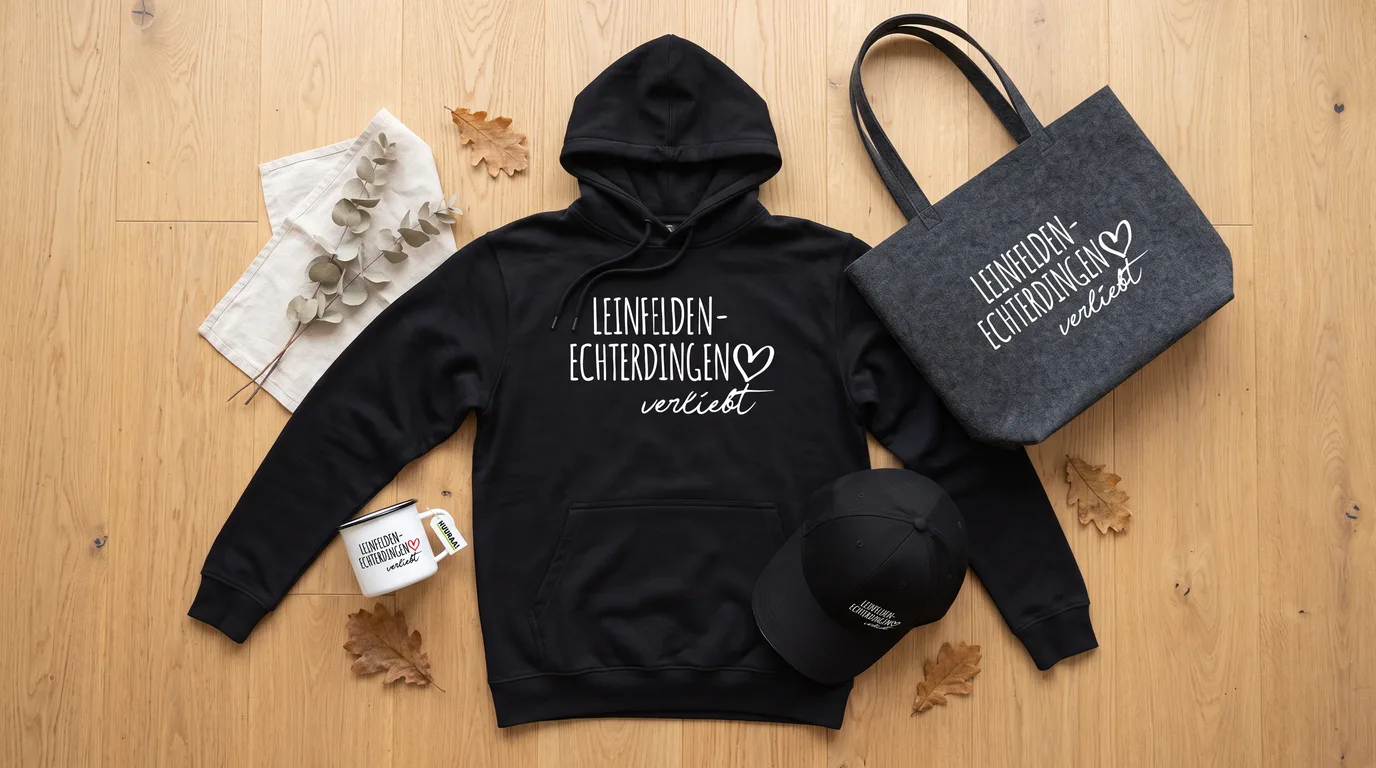 Flatlay mit schwarzem Hoodie Leinfelden-Echterdingen verliebt, Cappy, Emaille-Tasse und grauem Filzshopper auf Holzboden