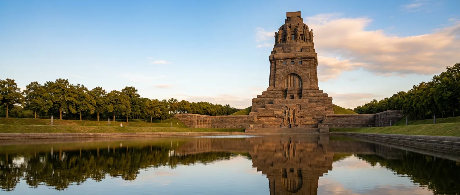 Das Völkerschlachtdenkmal in Leipzig spiegelt sich im Wasserbecken, im warmen Abendlicht