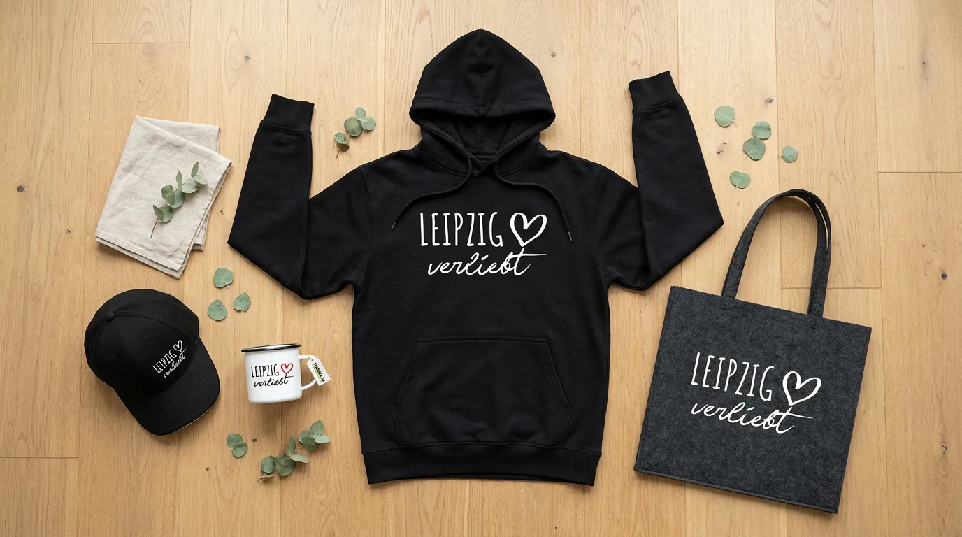Flatlay mit schwarzem Hoodie „Leipzig verliebt“, Cap, Emaille-Tasse und grauem Filzshopper auf Holzboden