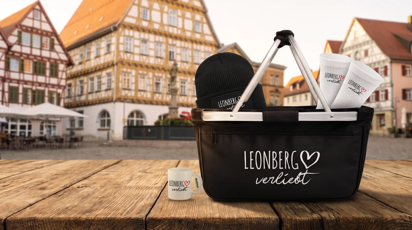 Schwarzer faltbarer Einkaufskorb „Leonberg verliebt“ mit Beanie und Socken, daneben die Kaffeetasse, auf einem Holztisch am Leonberger Marktplatz vor dem Alten Rathaus