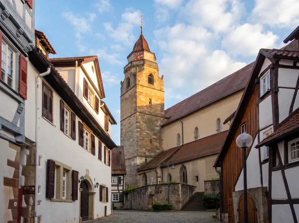 Sandsteinturm der Evangelischen Stadtkirche Leonberg mit Uhr und spitzem Ziegeldach, gesehen aus einer Altstadtgasse mit Fachwerk- und weißen Häusern