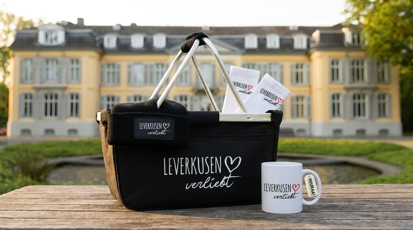 Faltbarer Einkaufskorb mit Beanie und Socken sowie Kaffeetasse mit Leverkusen-verliebt-Druck vor Schloss Morsbroich