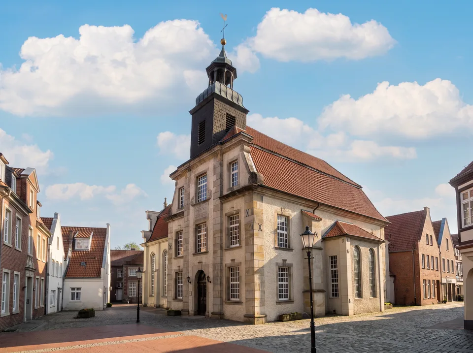 Die barocke Kreuzkirche mit Sandsteinfassade und schlankem Turm mit Schieferhaube am Universitätsplatz in Lingen
