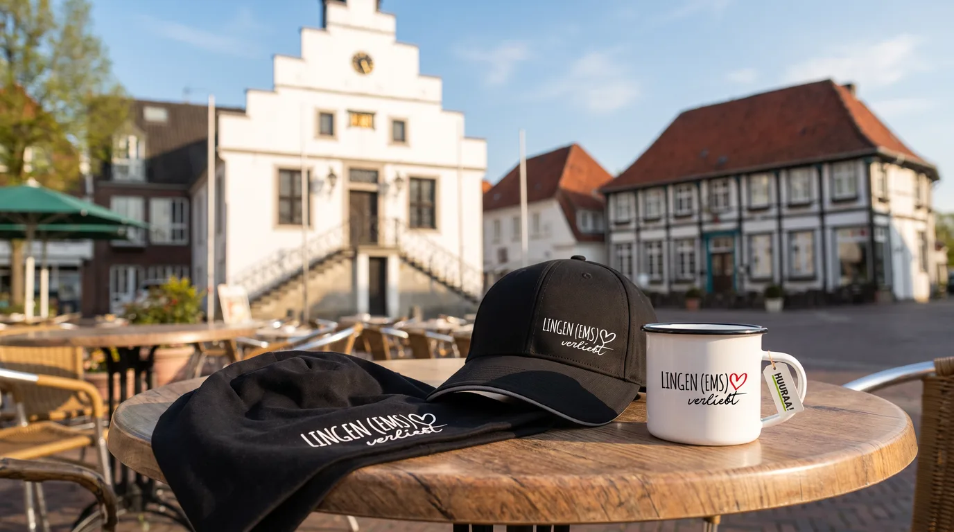 Schwarze Beanie, schwarzes Cappy und weiße Emaille-Tasse „Lingen (Ems) verliebt“ auf einem Holztisch am Marktplatz vor dem historischen Rathaus