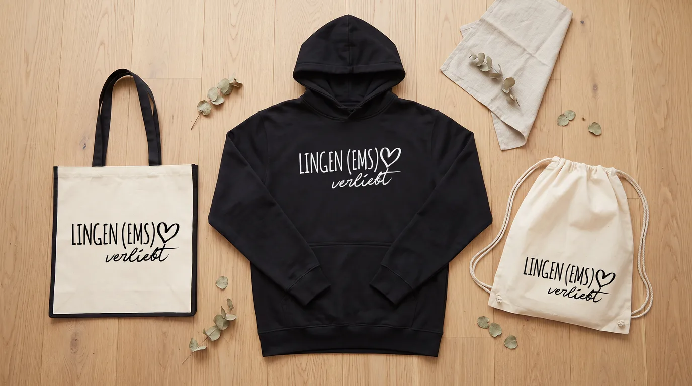 Flatlay mit schwarzem Hoodie, Jutetasche und Turnbeutel „Lingen (Ems) verliebt“ auf hellem Holzboden