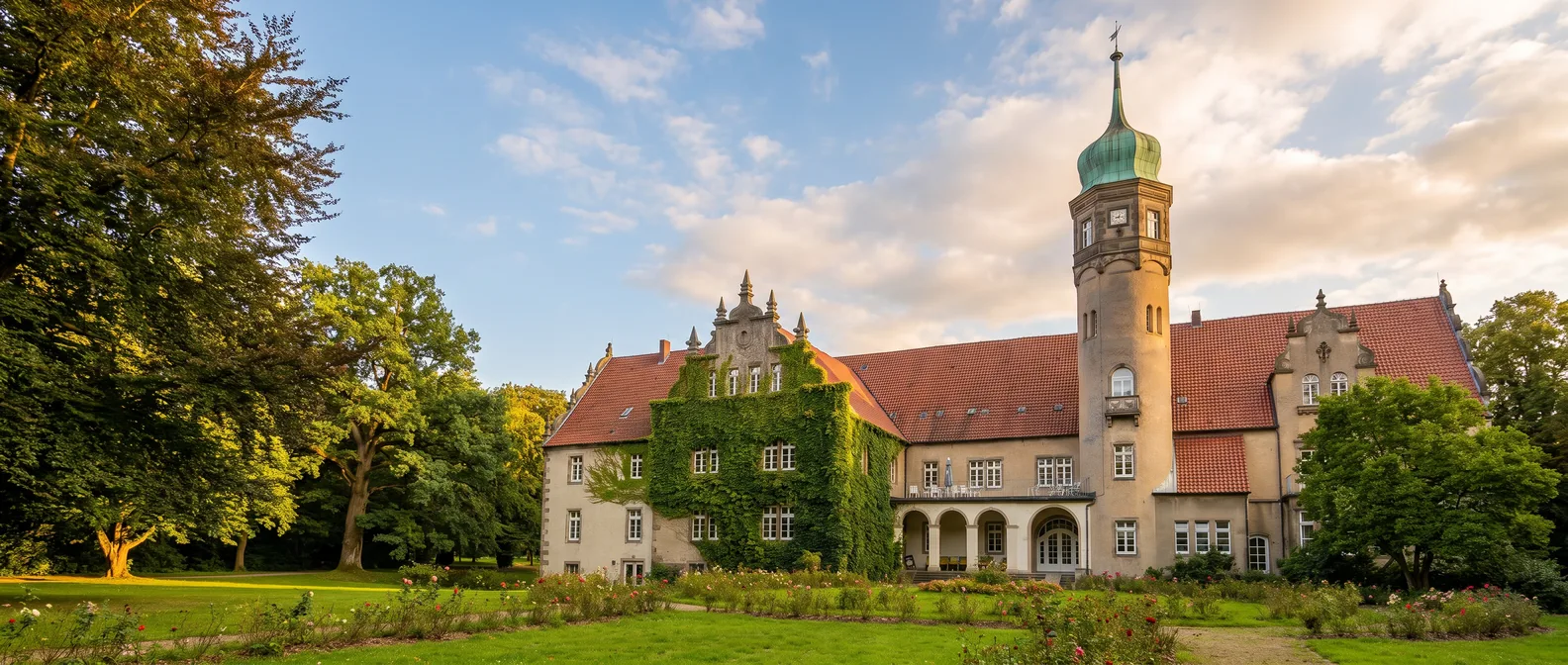 Wasserschloss Ulenburg in Löhne mit efeubewachsenem Flügel und rundem Turm mit grüner Haube im Abendlicht