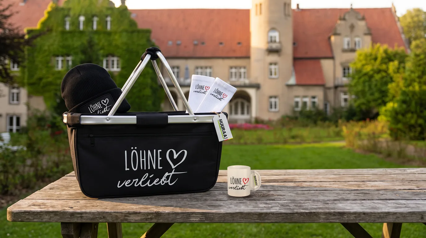 Schwarzer Einkaufskorb Löhne verliebt mit Beanie und Socken, daneben die Kaffeetasse, auf einem Holztisch im Park der Ulenburg