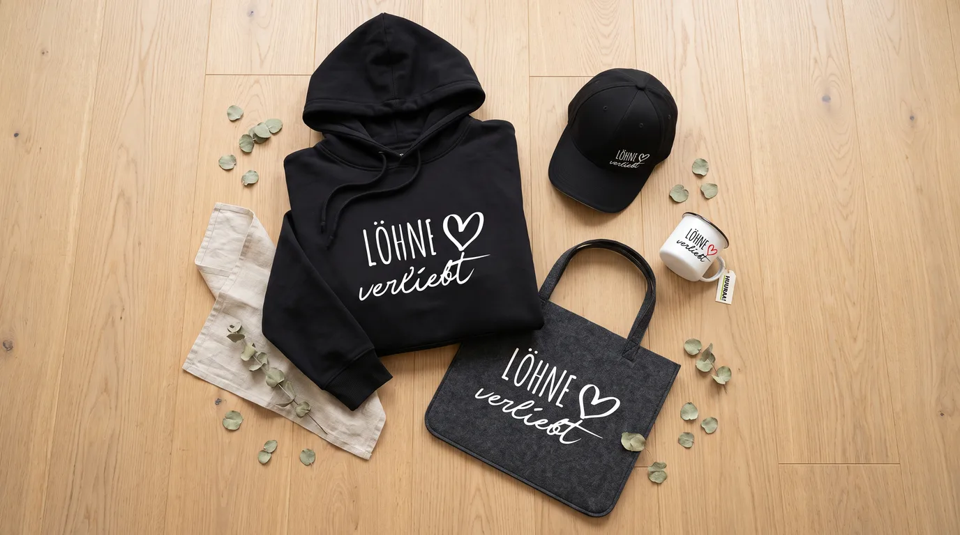 Flatlay mit schwarzem Hoodie Löhne verliebt, Cappy, Emaille-Tasse und grauem Filzshopper auf Holzboden
