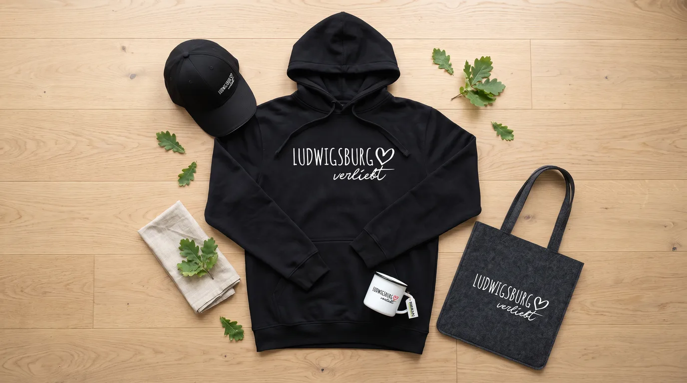 Flatlay mit schwarzem Hoodie, Cappy, Emaille-Tasse und grauem Filzshopper mit Ludwigsburg-verliebt-Druck auf Holzboden