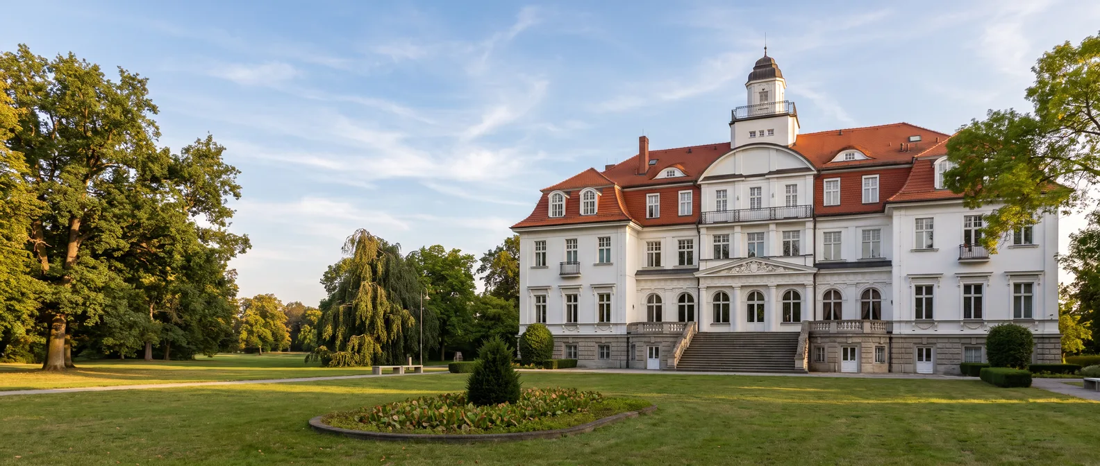 Die weiße Gartenfassade von Schloss Genshagen in Ludwigsfelde mit rotem Mansarddach und Turm, davor der Schlosspark im warmen Abendlicht
