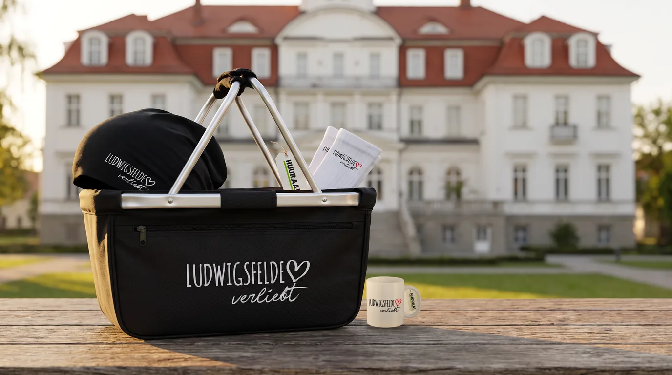 Einkaufskorb Ludwigsfelde verliebt mit Beanie und Socken, daneben eine weiße Kaffeetasse, auf einem Holztisch vor Schloss Genshagen