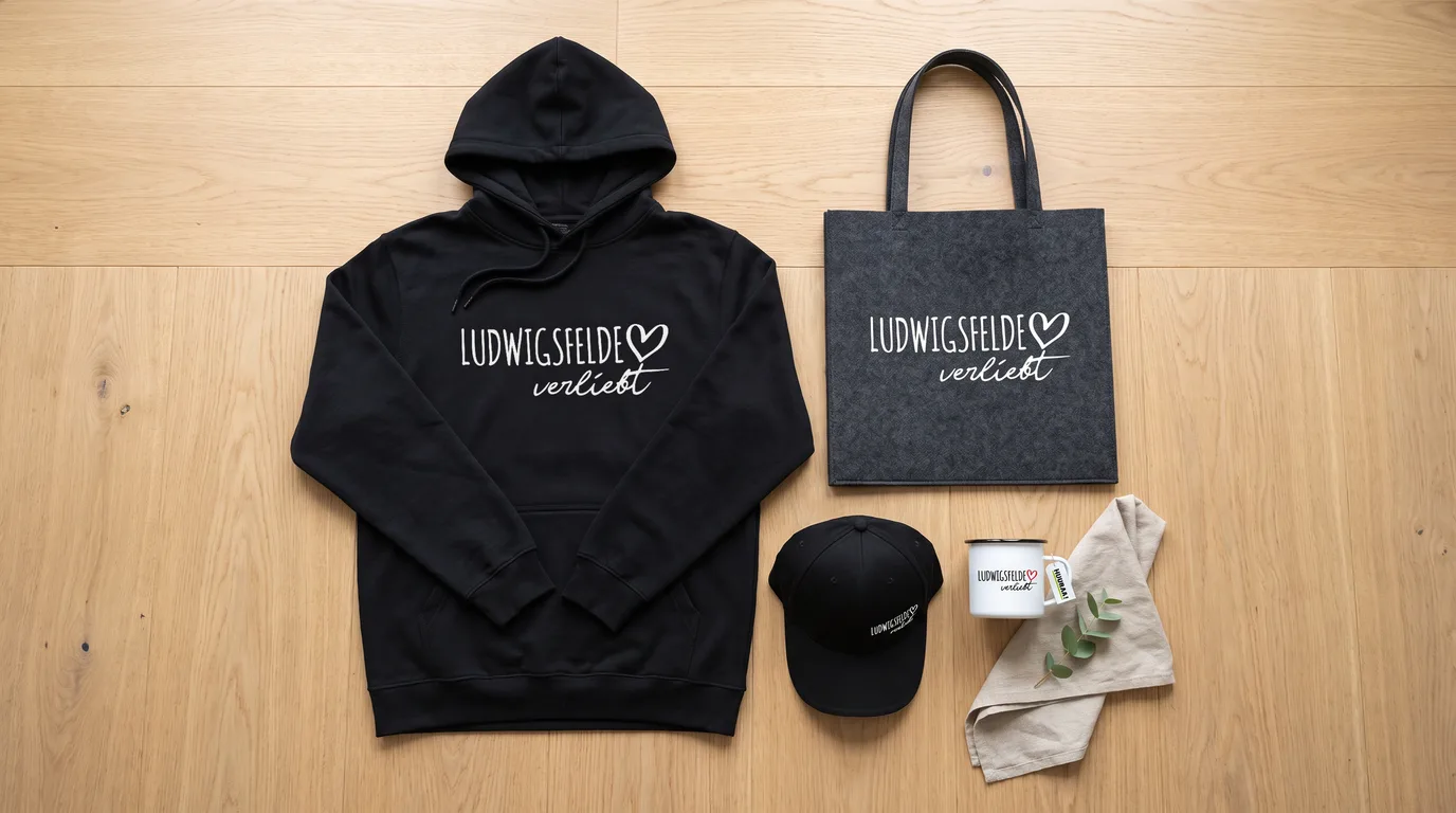 Flatlay mit schwarzem Hoodie, Cappy, Emaille-Tasse und Filzshopper mit Ludwigsfelde-verliebt-Druck auf Holzboden