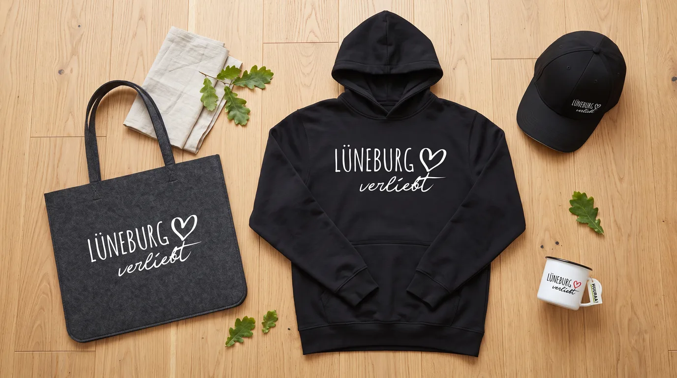 Flatlay mit schwarzem Hoodie „Lüneburg verliebt“, grauem Filzshopper, schwarzem Cappy und Emaille-Tasse auf hellem Holzboden