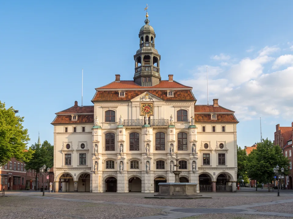 Das Lüneburger Rathaus mit heller Barockfassade, Figuren, Uhr und grünem Turm am gepflasterten Marktplatz mit Lunabrunnen
