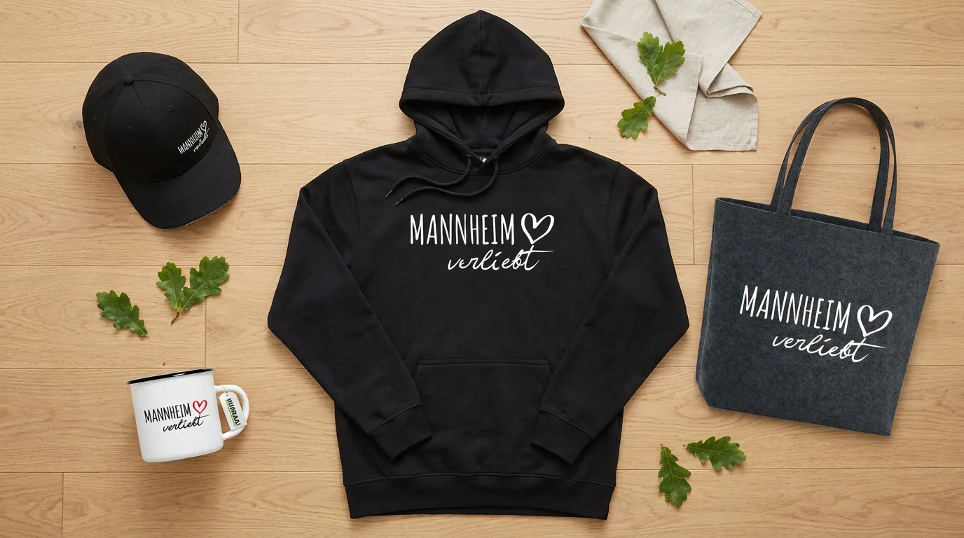Flatlay mit schwarzem Hoodie, Cap, Emaille-Tasse und Filzshopper mit Mannheim-verliebt-Druck auf Holzboden