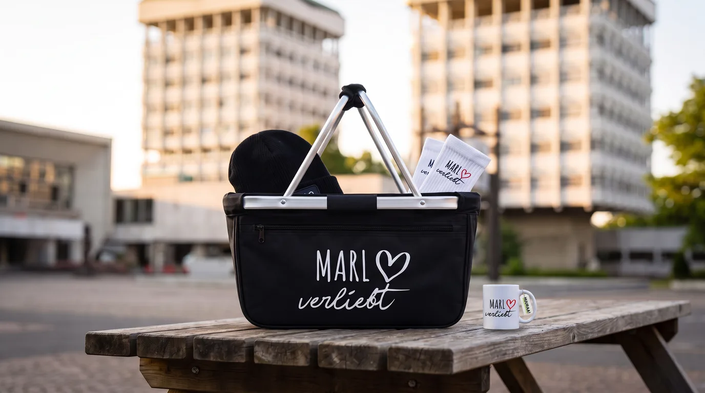 Faltbarer Einkaufskorb Marl verliebt mit Beanie und Socken, daneben die Kaffeetasse, auf einem Holztisch vor dem Rathaus Marl