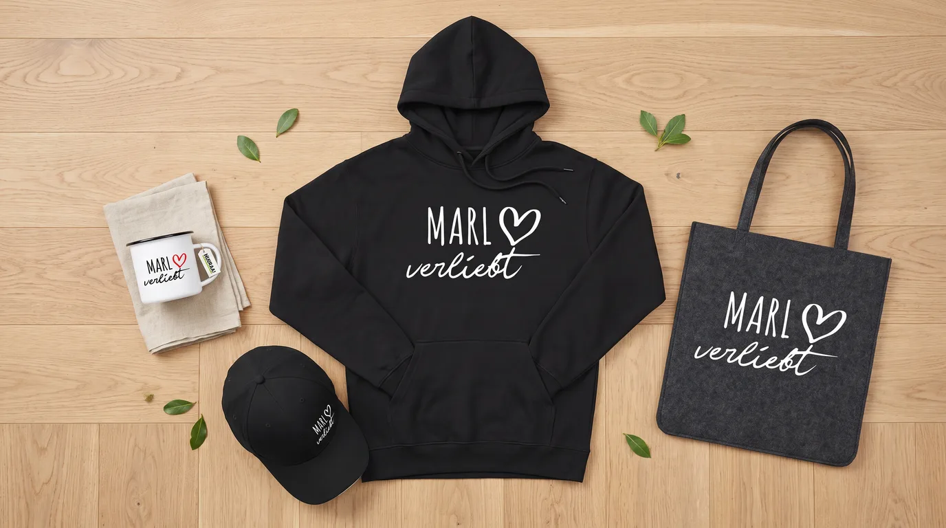 Flatlay mit schwarzem Hoodie, Cappy, Emaille-Tasse und grauem Filzshopper mit Marl-verliebt-Druck auf Holzboden