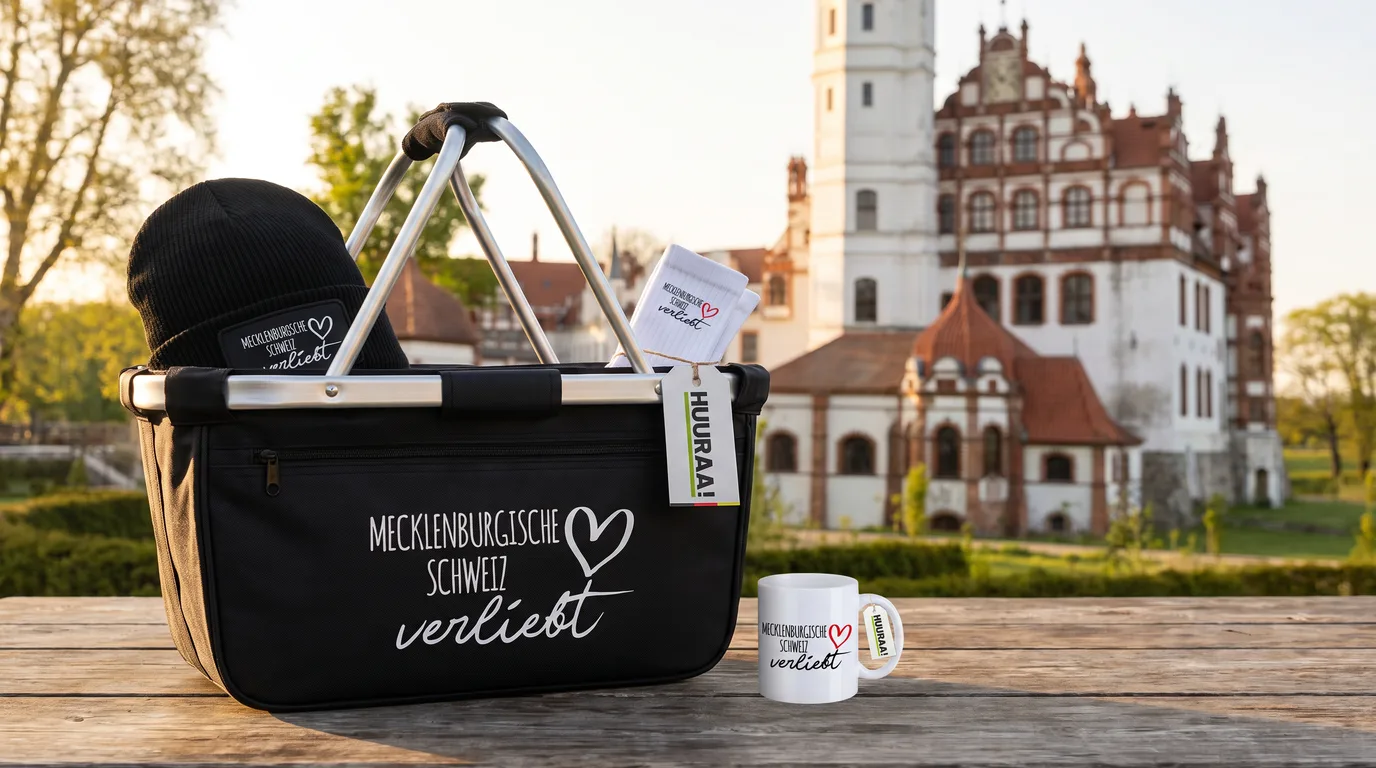 Schwarzer faltbarer Einkaufskorb „Mecklenburgische Schweiz verliebt“ mit Beanie und Socken, daneben die Kaffeetasse, vor Schloss Basedow