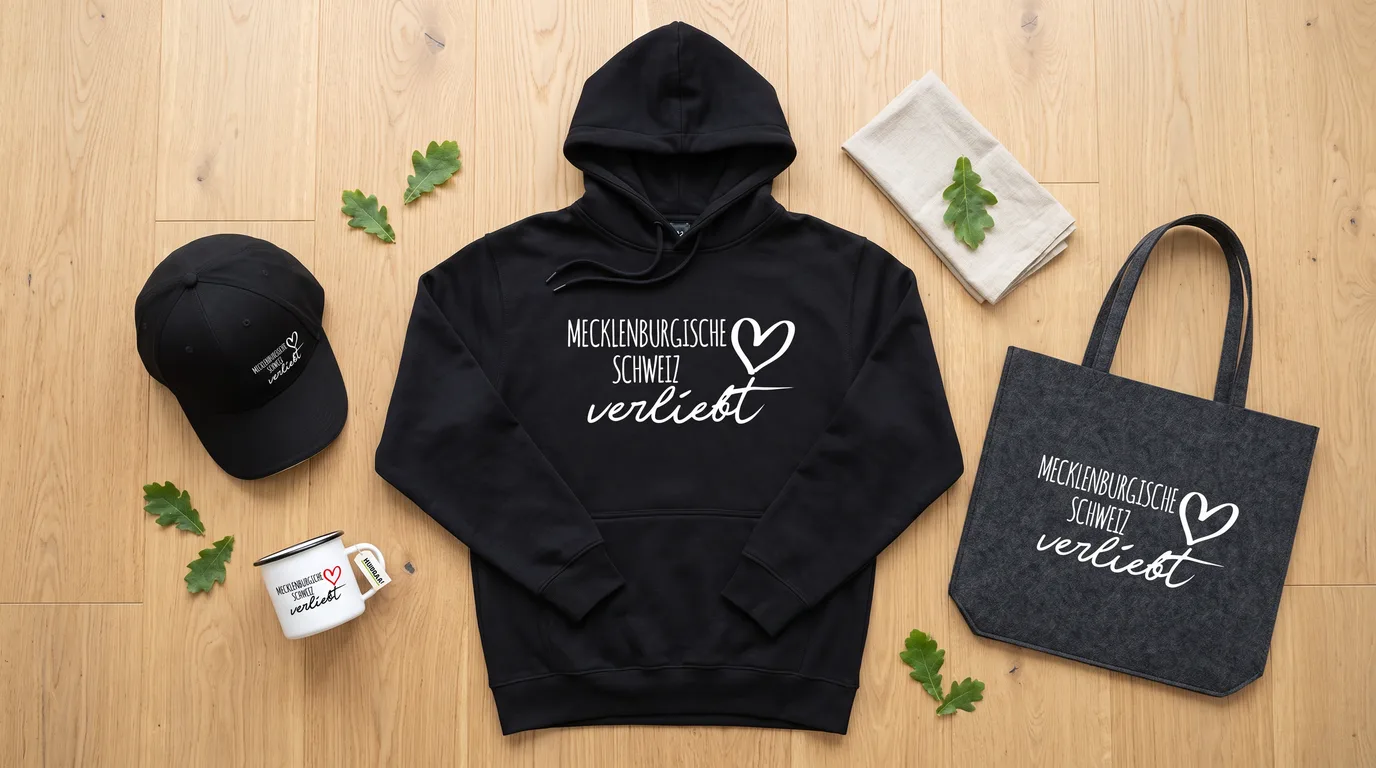 Flatlay mit schwarzem Hoodie, Cappy, Emaille-Tasse und grauem Filzshopper im Design „Mecklenburgische Schweiz verliebt“ auf Holzboden