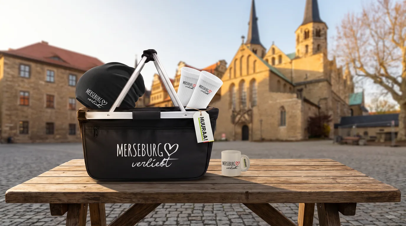 Faltbarer Einkaufskorb Merseburg verliebt mit Beanie und Socken, daneben eine Kaffeetasse, auf einem Holztisch vor Dom und Schloss Merseburg
