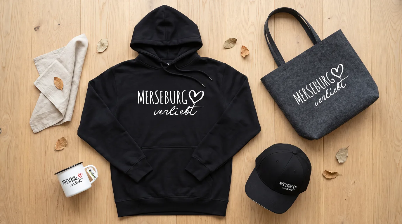 Flatlay mit schwarzem Hoodie, Cap, Emaille-Tasse und Filzshopper mit Merseburg-verliebt-Druck auf Holzboden