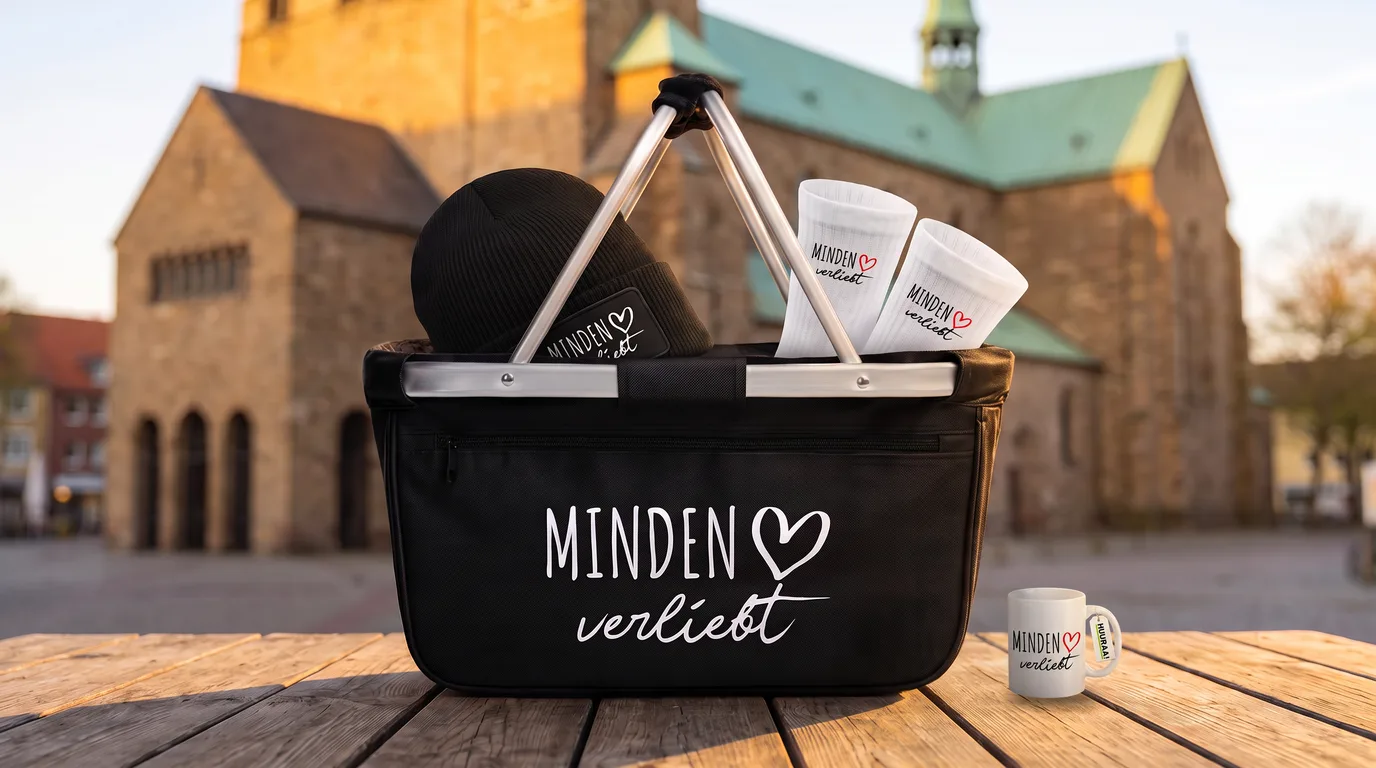 Faltbarer Einkaufskorb Minden verliebt mit Beanie und Socken, daneben die Kaffeetasse, auf einem Holztisch vor dem Mindener Dom