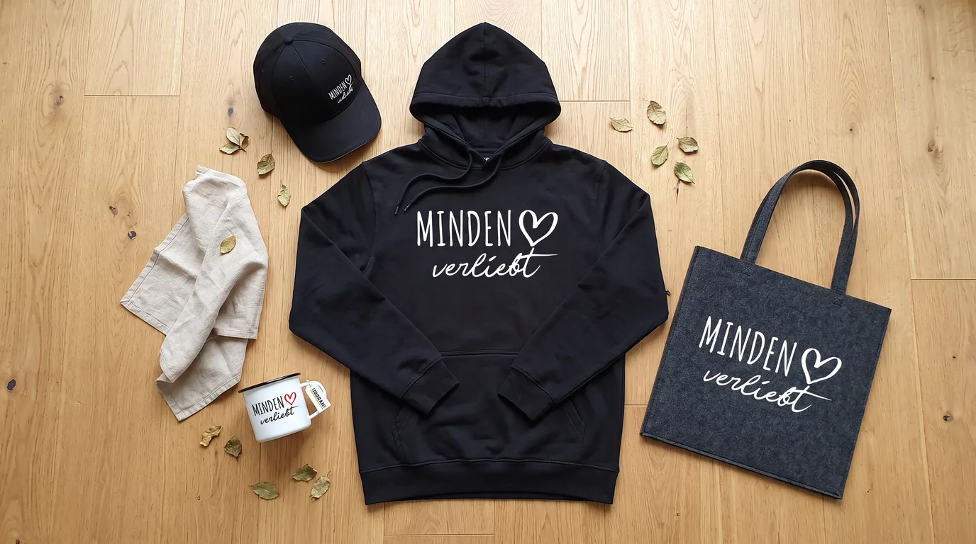Flatlay mit schwarzem Hoodie, Cappy, Emaille-Tasse und grauem Filzshopper mit Minden-verliebt-Druck auf Holzboden