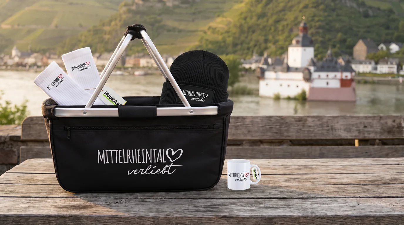 Schwarzer faltbarer Einkaufskorb „Mittelrheintal verliebt“ mit Beanie und Socken, daneben die Kaffeetasse, vor dem Rhein mit Burg Pfalzgrafenstein