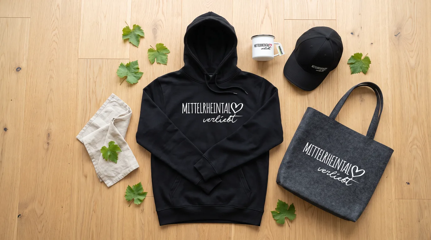 Flatlay mit schwarzem Hoodie, Cappy, Emaille-Tasse und grauem Filzshopper im Design „Mittelrheintal verliebt“ auf Holzboden mit Weinblättern