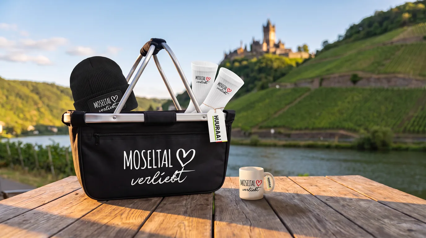 Schwarzer faltbarer Einkaufskorb „Moseltal verliebt“ mit Beanie und Socken, daneben die Kaffeetasse, auf einem Holztisch an der Mosel mit der Reichsburg Cochem im Hintergrund