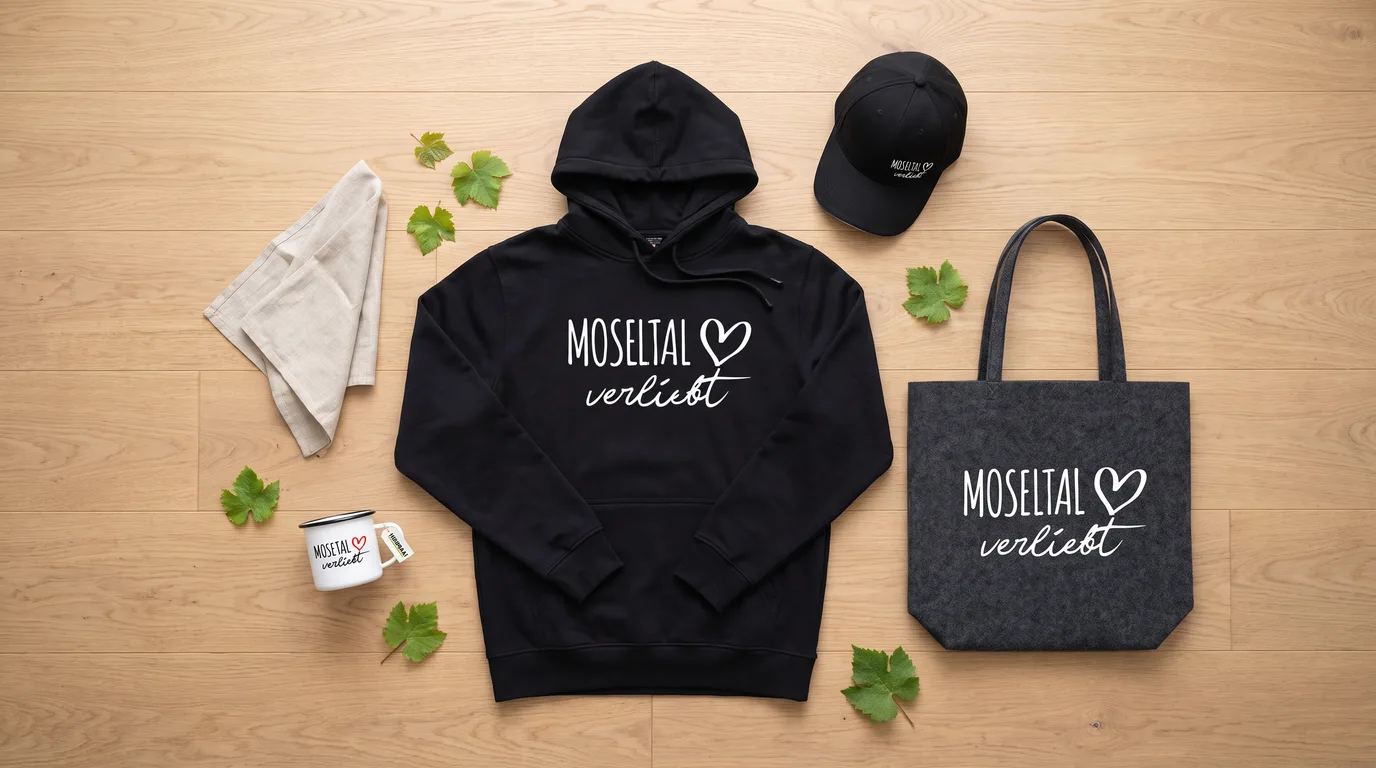 Flatlay mit schwarzem Hoodie, Cappy, Emaille-Tasse und grauem Filzshopper „Moseltal verliebt“ auf hellem Holzboden mit Weinlaub
