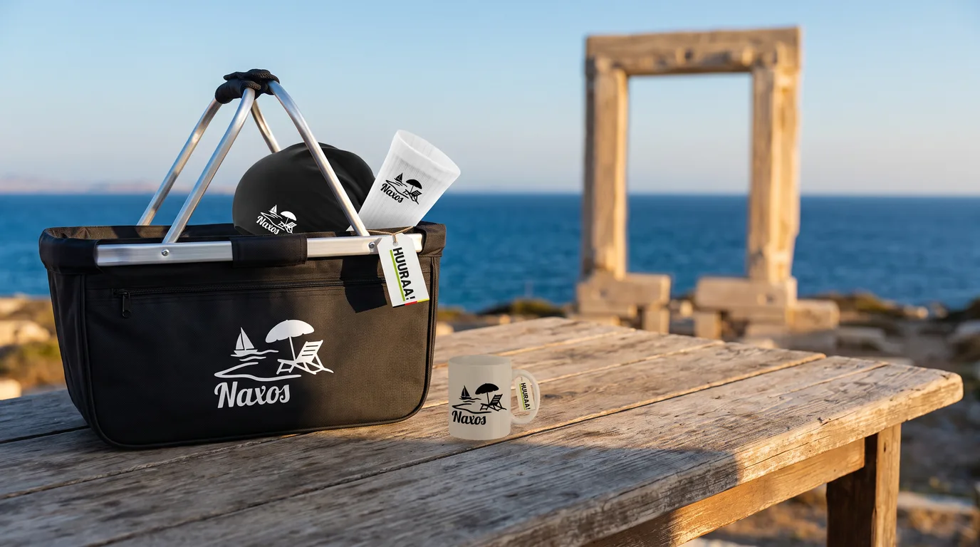 Schwarzer faltbarer Einkaufskorb mit Naxos-Inselmotiv, darin Beanie und Socken, daneben die Kaffeetasse, auf einem Holztisch vor der Portara am Meer