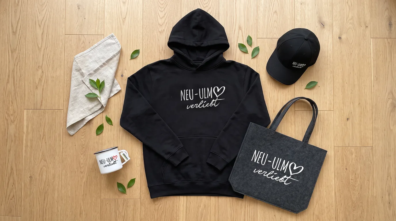 Flatlay mit schwarzem Hoodie „Neu-Ulm verliebt“, schwarzer Cappy, Emaille-Tasse und grauem Filzshopper auf hellem Holzboden