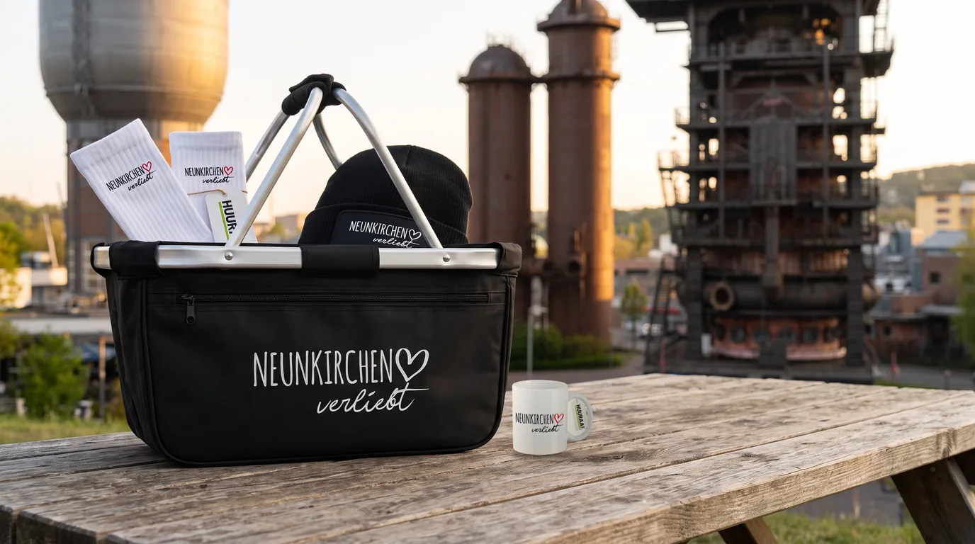 Schwarzer Einkaufskorb Neunkirchen verliebt mit Beanie und Socken, daneben die Kaffeetasse, auf einem Holztisch vor dem Hochofen im Alten Hüttenareal