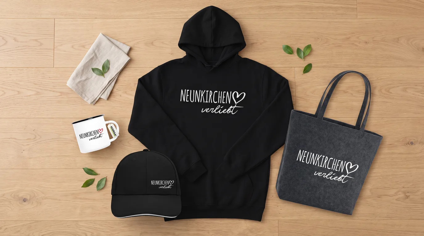 Flatlay mit schwarzem Hoodie Neunkirchen verliebt, Cappy, Emaille-Tasse und grauem Filzshopper auf Holzboden