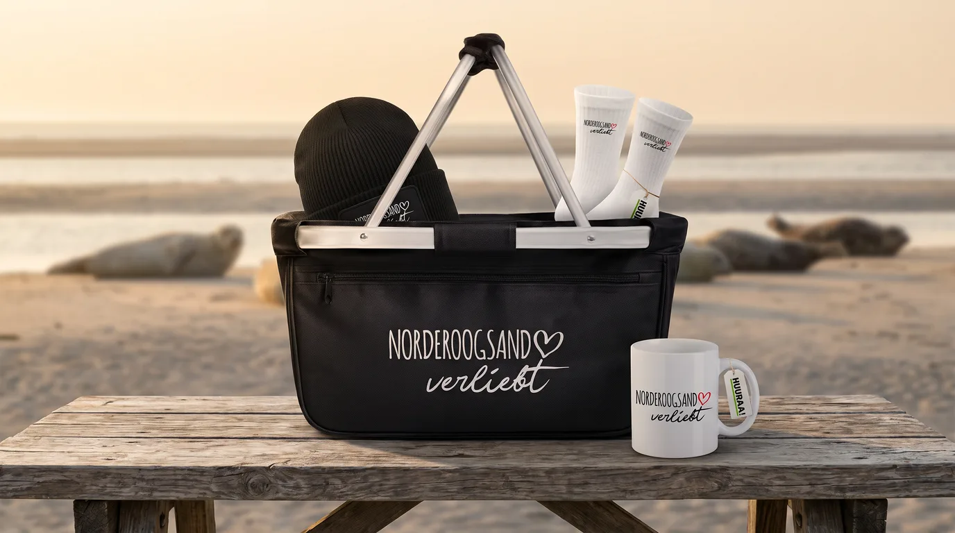 Schwarzer faltbarer Einkaufskorb „Norderoogsand verliebt“ mit Beanie und Socken, daneben die Kaffeetasse, auf einem Holztisch am Strand mit Seehunden im Hintergrund