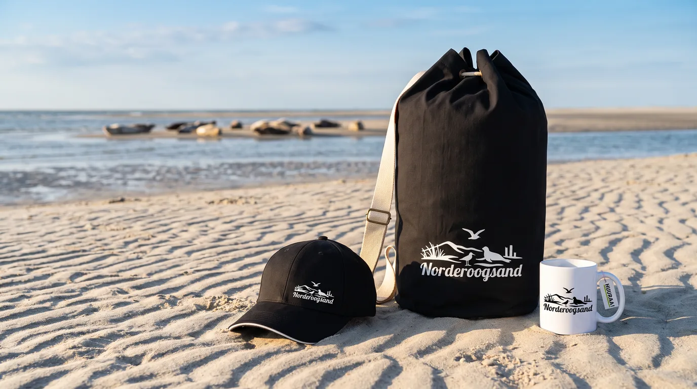 Schwarzer Seesack, Cappy und Kaffeetasse mit Norderoogsand Strandmotiv im geriffelten Sand, dahinter Seehunde auf der Sandbank