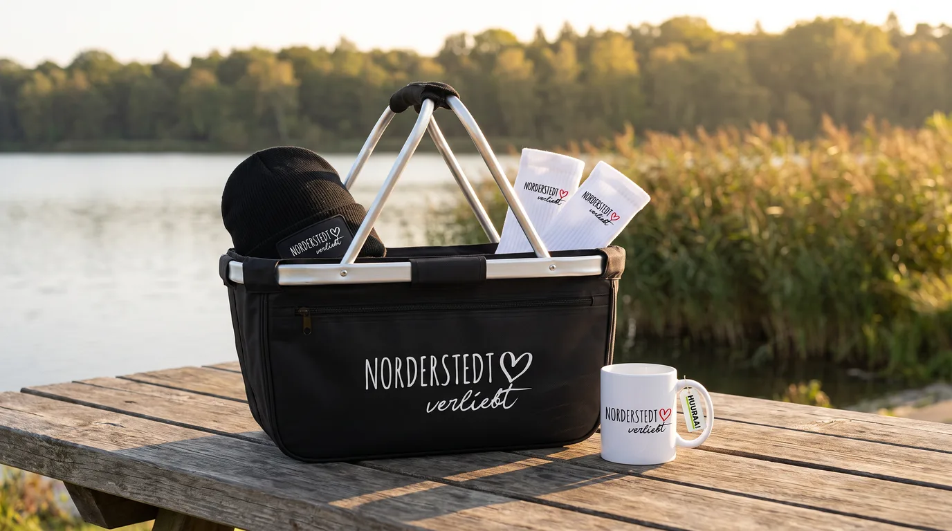 Schwarzer faltbarer Einkaufskorb „Norderstedt verliebt“ mit Beanie und Socken, daneben die Kaffeetasse, am Stadtparksee