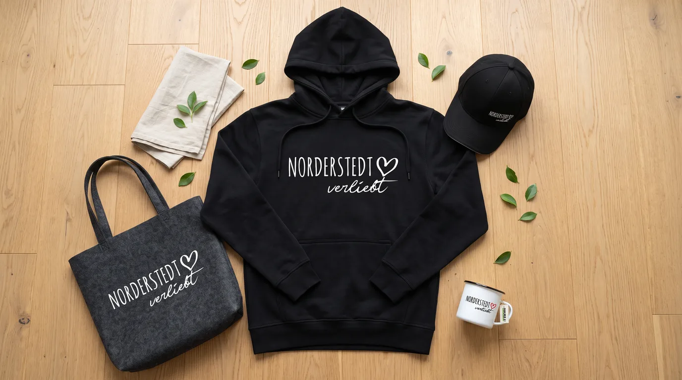 Flatlay mit schwarzem Hoodie, Cappy, Emaille-Tasse und Filzshopper „Norderstedt verliebt“ auf Holzboden
